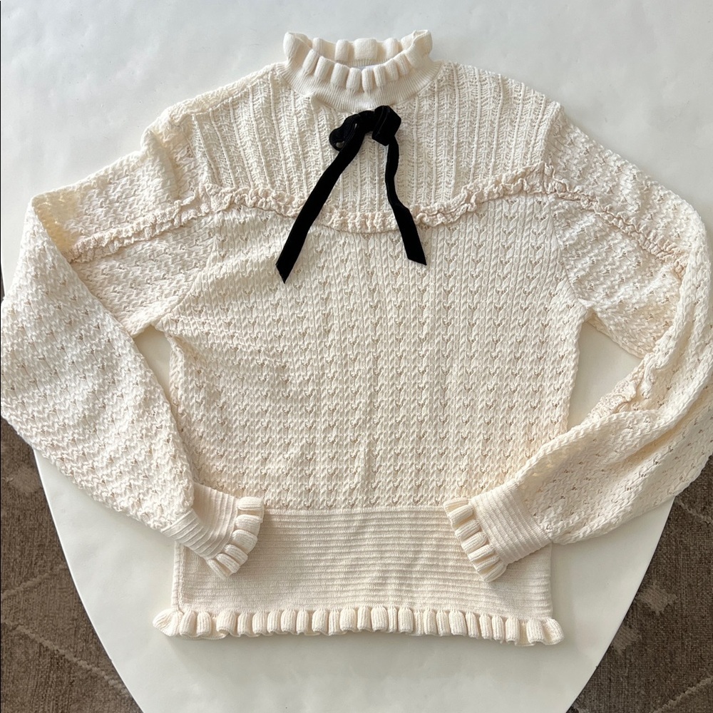 Zara Knit Coquette Bow Tie Pointelle Long Sleeve Sweater Top Ecru Cream M - Picture 2 of 7